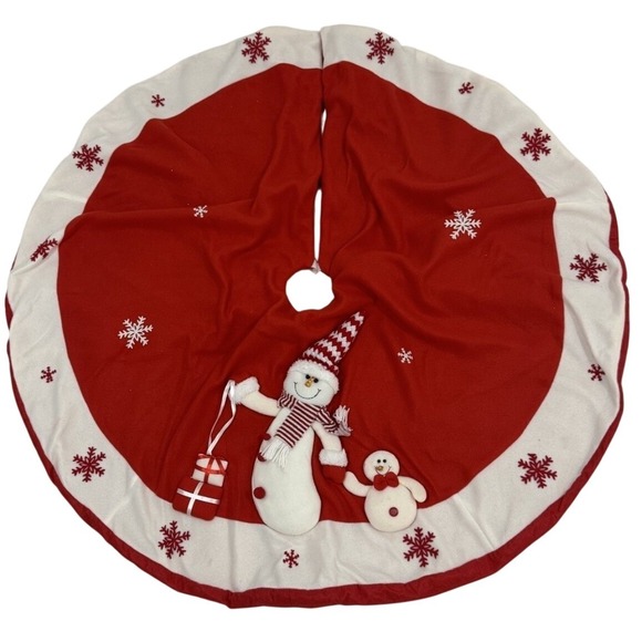 The Unbranded Brand Other - Christmas Tree Skirt Red White Snowman 3D Applique Snowflake Holiday Decor 48in